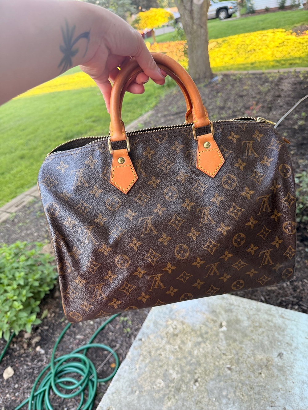 Louis Vuitton Monogram Canvas Satchel with Tan Leather Handles